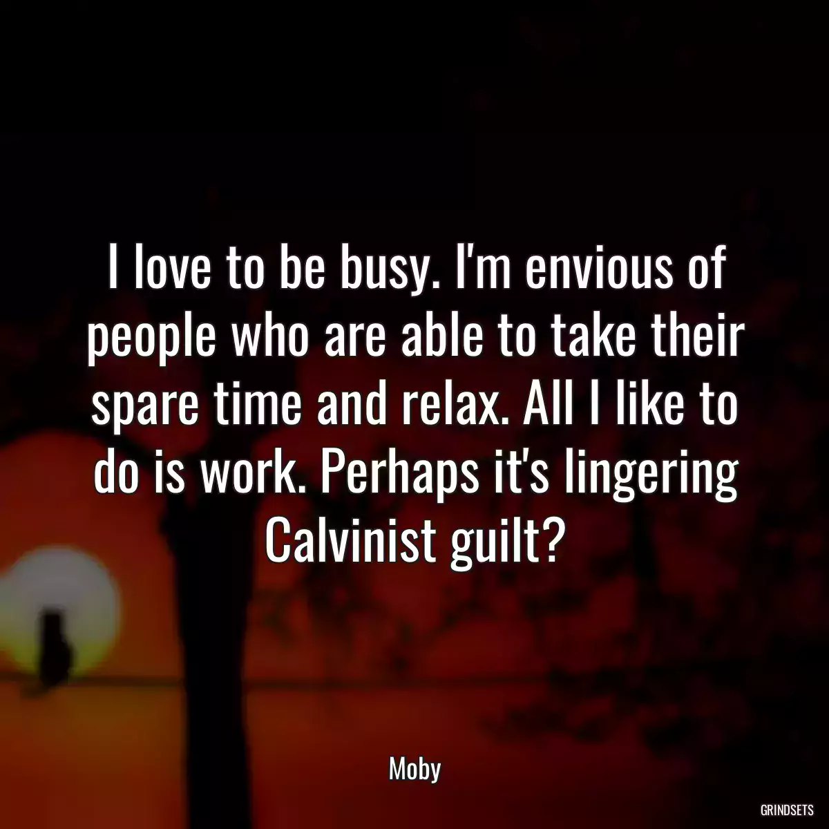 I love to be busy. I\'m envious of people who are able to take their spare time and relax. All I like to do is work. Perhaps it\'s lingering Calvinist guilt?