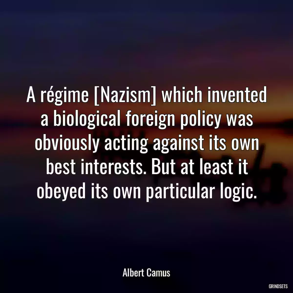 A régime [Nazism] which invented a biological foreign policy was obviously acting against its own best interests. But at least it obeyed its own particular logic.