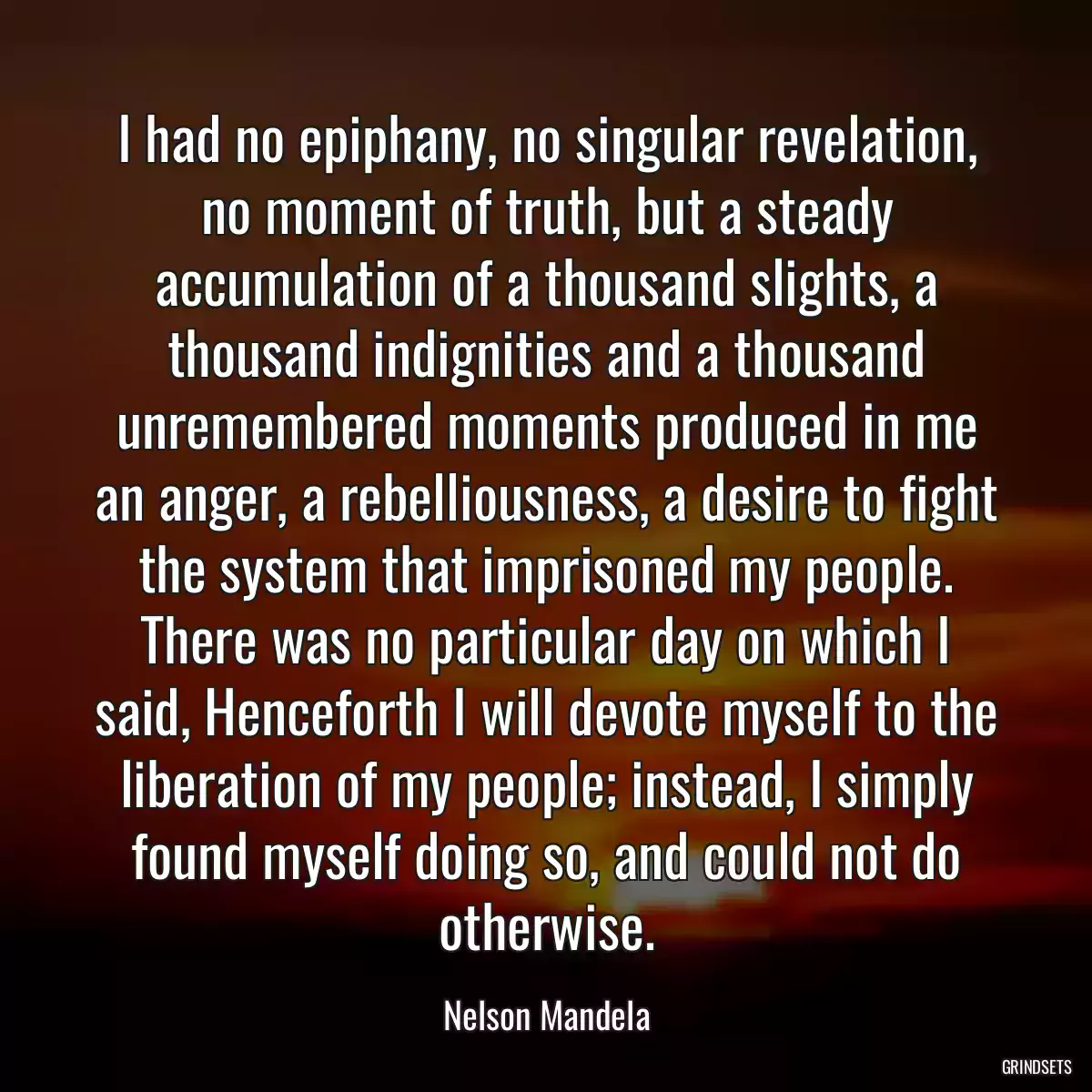 I had no epiphany, no singular revelation, no moment of truth, but a steady accumulation of a thousand slights, a thousand indignities and a thousand unremembered moments produced in me an anger, a rebelliousness, a desire to fight the system that imprisoned my people. There was no particular day on which I said, Henceforth I will devote myself to the liberation of my people; instead, I simply found myself doing so, and could not do otherwise.