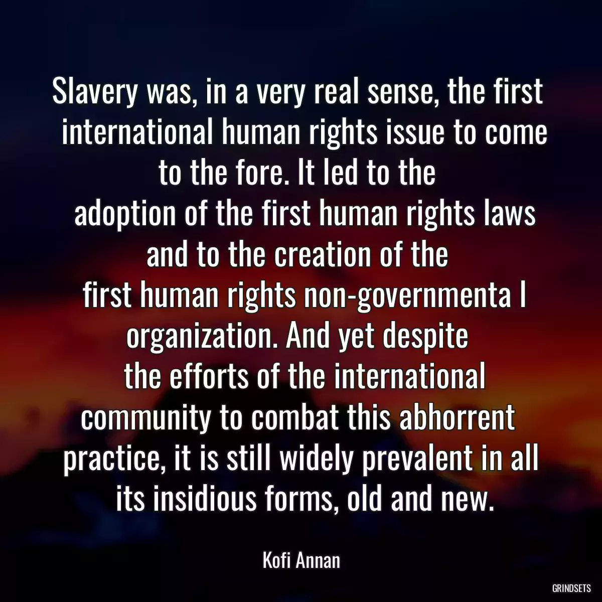 Slavery was, in a very real sense, the first 
 international human rights issue to come to the fore. It led to the 
 adoption of the first human rights laws and to the creation of the 
 first human rights non-governmenta l organization. And yet despite 
 the efforts of the international community to combat this abhorrent 
 practice, it is still widely prevalent in all 
 its insidious forms, old and new.