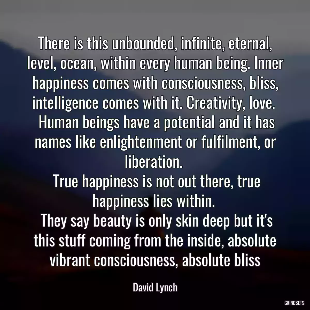 There is this unbounded, infinite, eternal, level, ocean, within every human being. Inner happiness comes with consciousness, bliss, intelligence comes with it. Creativity, love. 
 Human beings have a potential and it has names like enlightenment or fulfilment, or liberation. 
 True happiness is not out there, true happiness lies within. 
 They say beauty is only skin deep but it\'s this stuff coming from the inside, absolute vibrant consciousness, absolute bliss