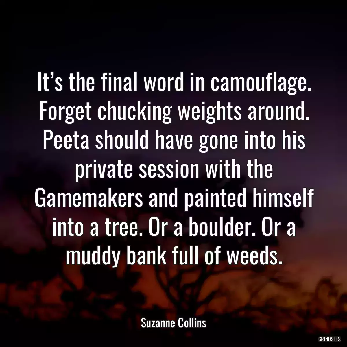 It’s the final word in camouflage. Forget chucking weights around. Peeta should have gone into his private session with the Gamemakers and painted himself into a tree. Or a boulder. Or a muddy bank full of weeds.