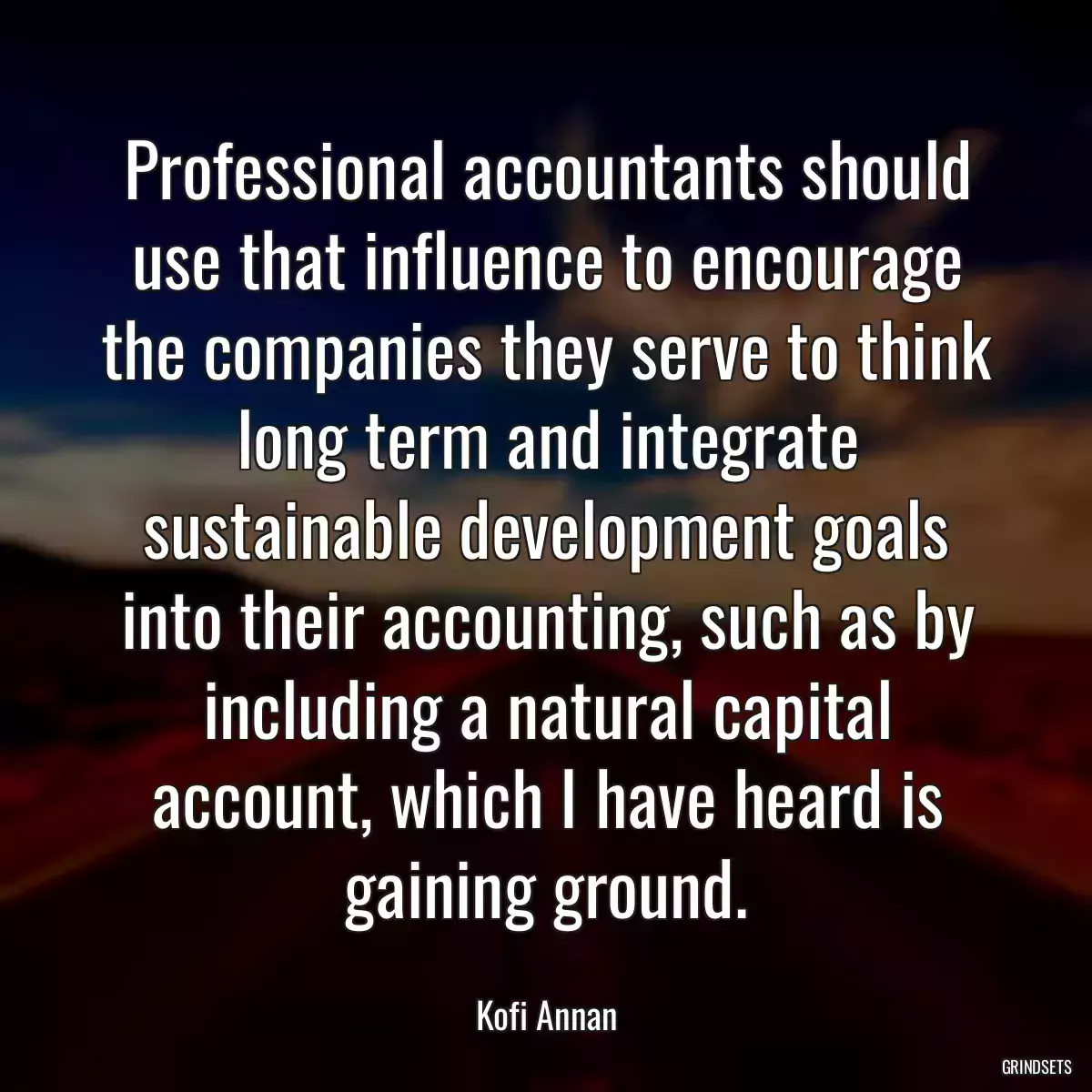 Professional accountants should use that influence to encourage the companies they serve to think long term and integrate sustainable development goals into their accounting, such as by including a natural capital account, which I have heard is gaining ground.