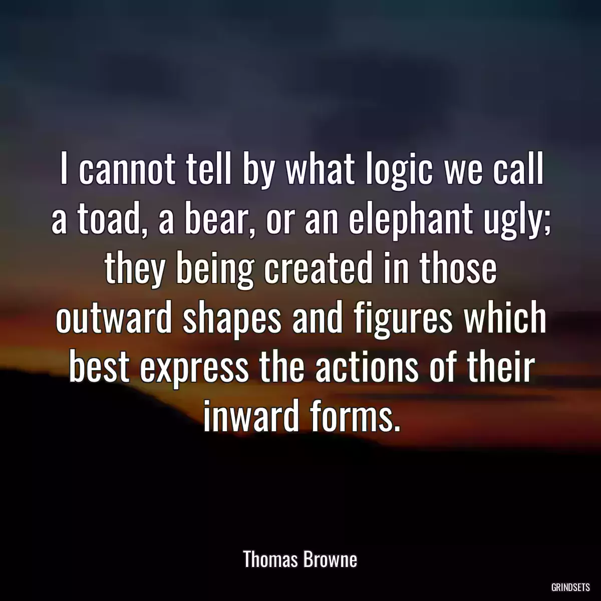 I cannot tell by what logic we call a toad, a bear, or an elephant ugly; they being created in those outward shapes and figures which best express the actions of their inward forms.