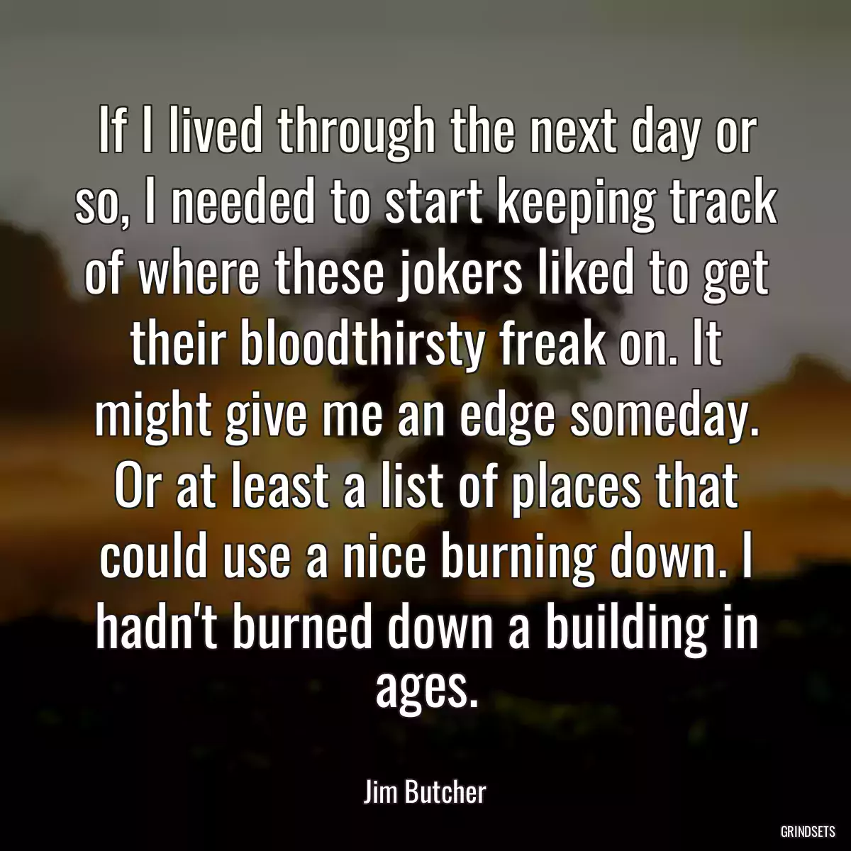 If I lived through the next day or so, I needed to start keeping track of where these jokers liked to get their bloodthirsty freak on. It might give me an edge someday. Or at least a list of places that could use a nice burning down. I hadn\'t burned down a building in ages.