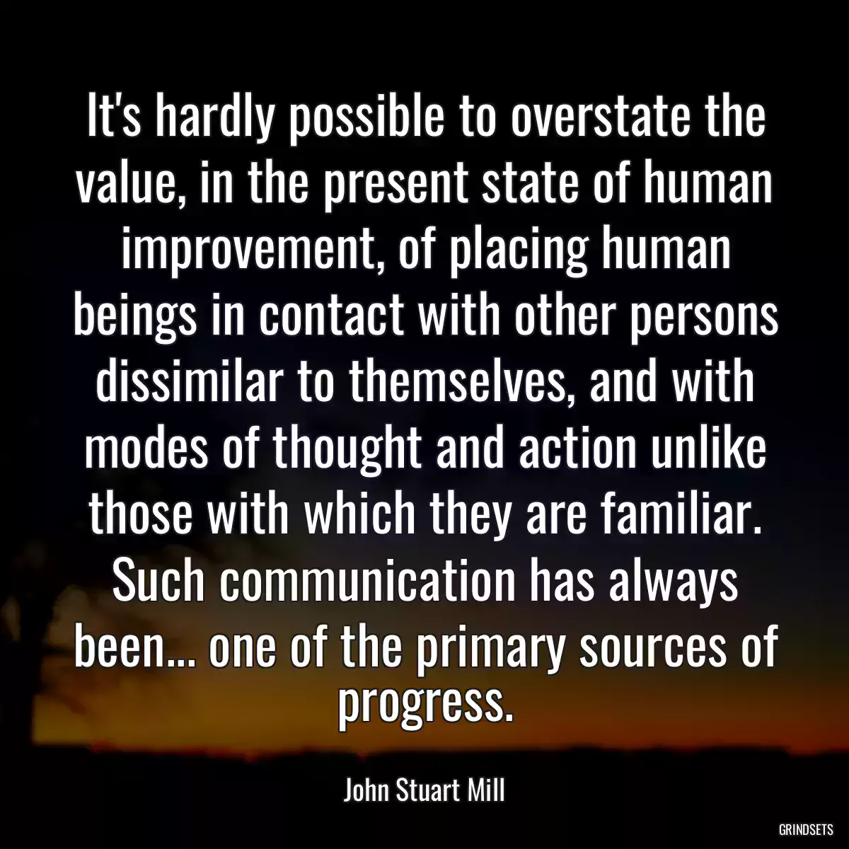 It\'s hardly possible to overstate the value, in the present state of human improvement, of placing human beings in contact with other persons dissimilar to themselves, and with modes of thought and action unlike those with which they are familiar. Such communication has always been... one of the primary sources of progress.