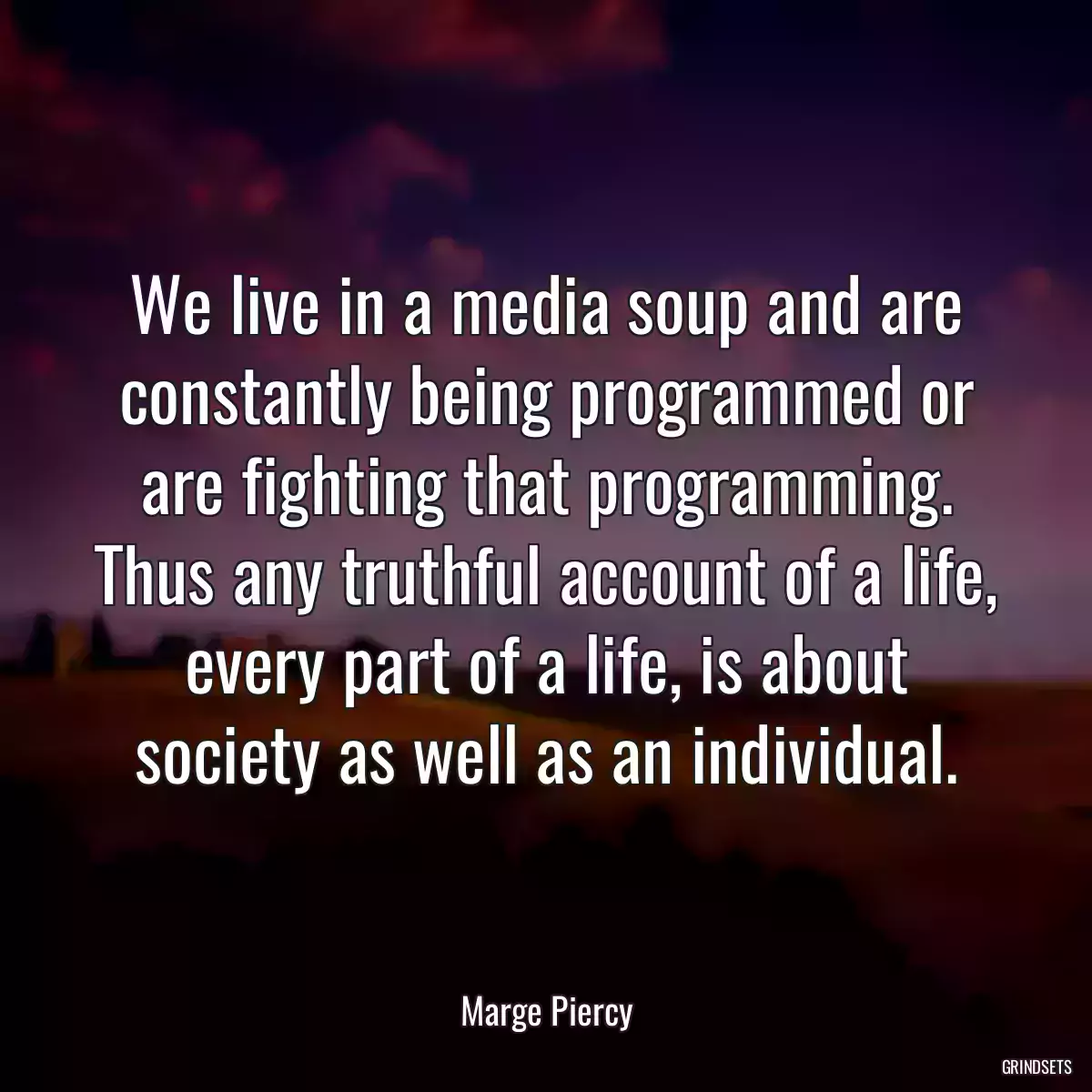 We live in a media soup and are constantly being programmed or are fighting that programming. Thus any truthful account of a life, every part of a life, is about society as well as an individual.