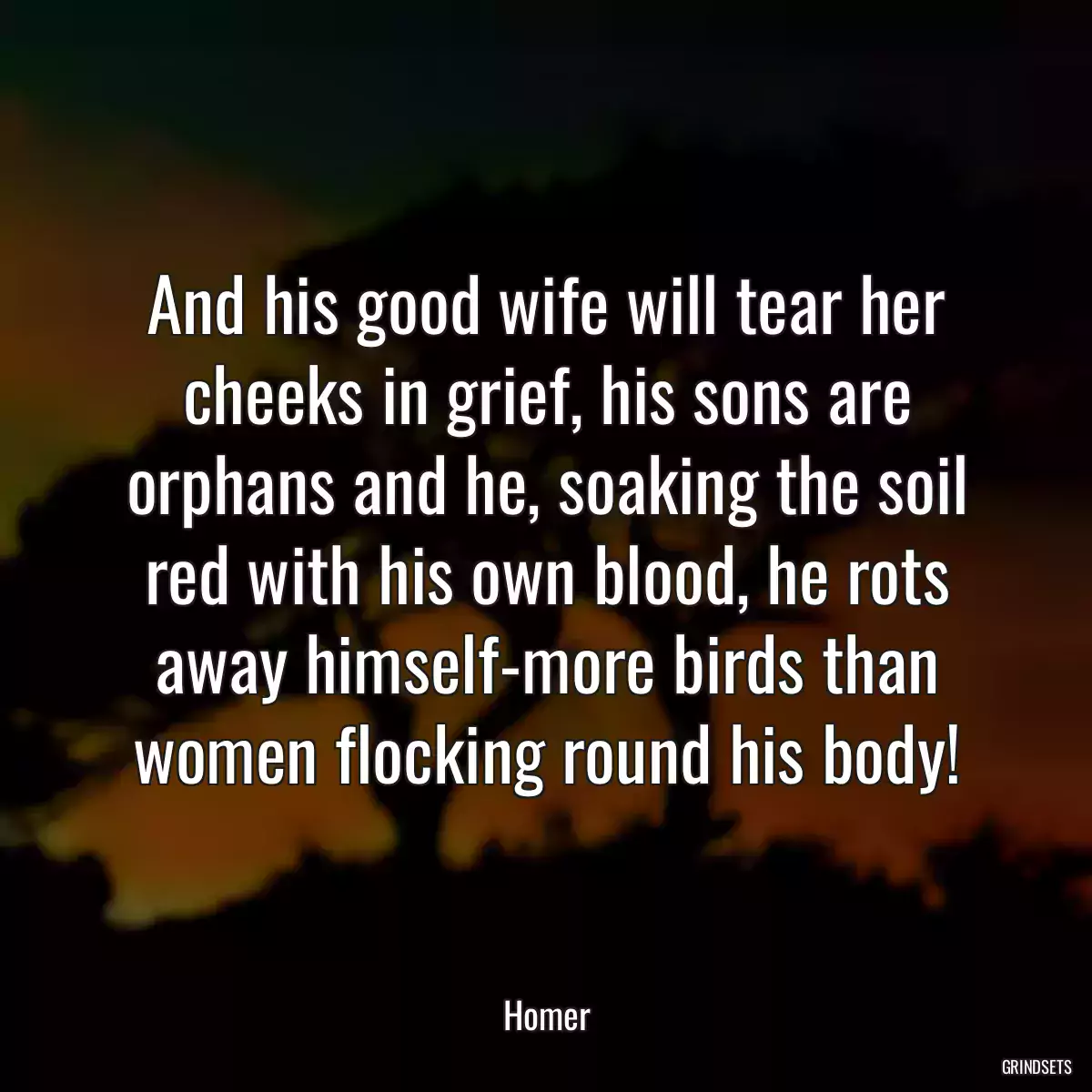 And his good wife will tear her cheeks in grief, his sons are orphans and he, soaking the soil red with his own blood, he rots away himself-more birds than women flocking round his body!