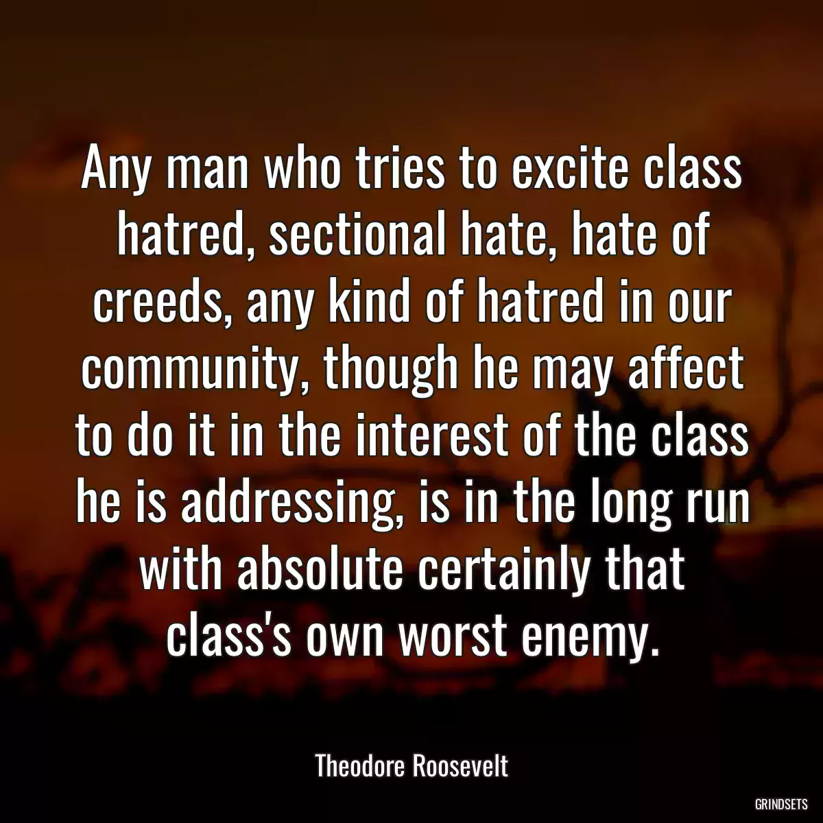 Any man who tries to excite class hatred, sectional hate, hate of creeds, any kind of hatred in our community, though he may affect to do it in the interest of the class he is addressing, is in the long run with absolute certainly that class\'s own worst enemy.