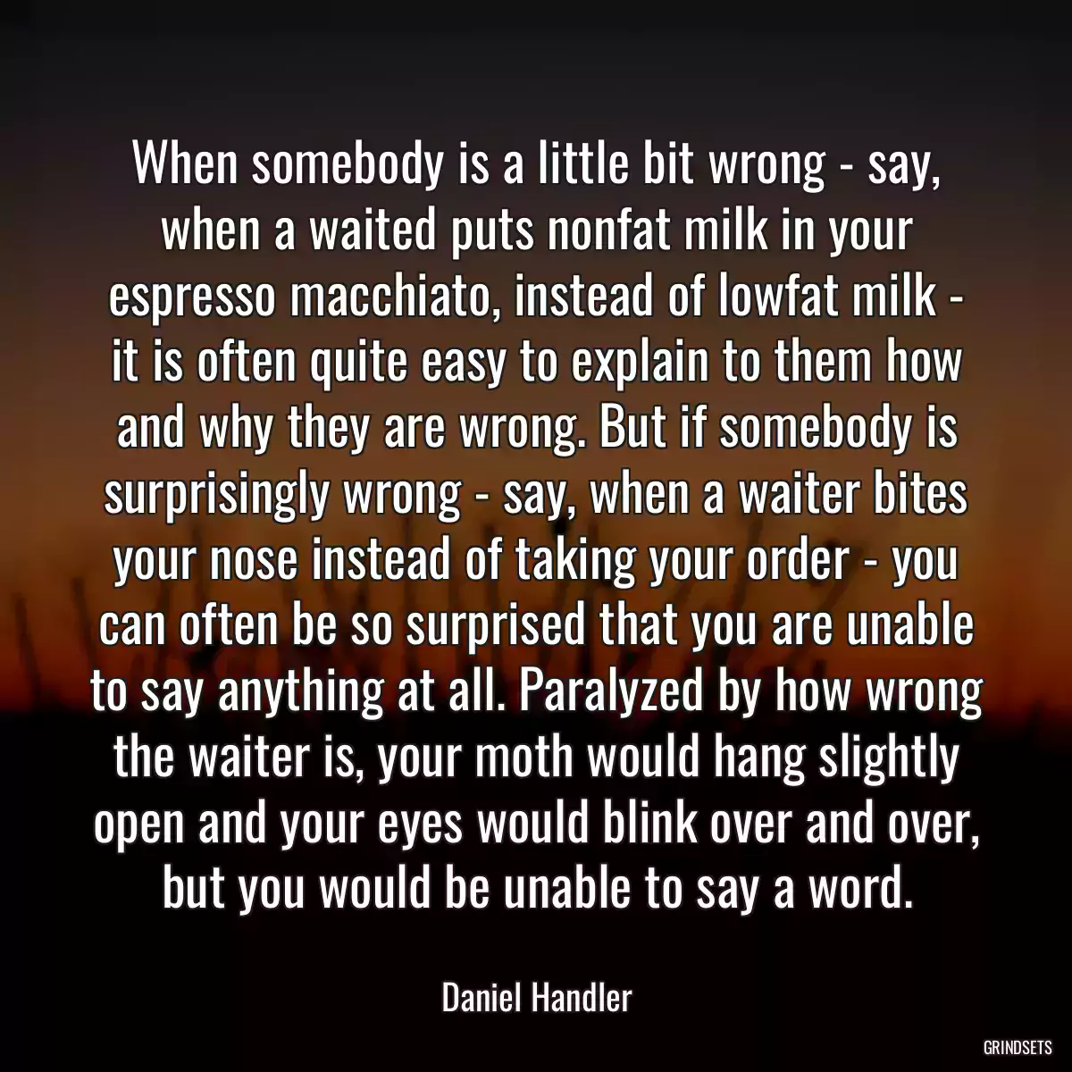 When somebody is a little bit wrong - say, when a waited puts nonfat milk in your espresso macchiato, instead of lowfat milk - it is often quite easy to explain to them how and why they are wrong. But if somebody is surprisingly wrong - say, when a waiter bites your nose instead of taking your order - you can often be so surprised that you are unable to say anything at all. Paralyzed by how wrong the waiter is, your moth would hang slightly open and your eyes would blink over and over, but you would be unable to say a word.