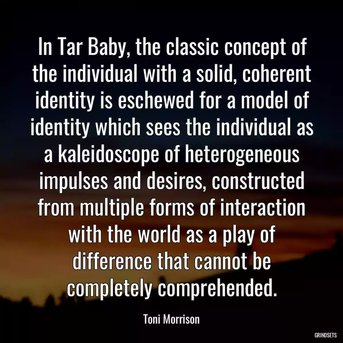 In Tar Baby, the classic concept of the individual with a solid, coherent identity is eschewed for a model of identity which sees the individual as a kaleidoscope of heterogeneous impulses and desires, constructed from multiple forms of interaction with the world as a play of difference that cannot be completely comprehended.