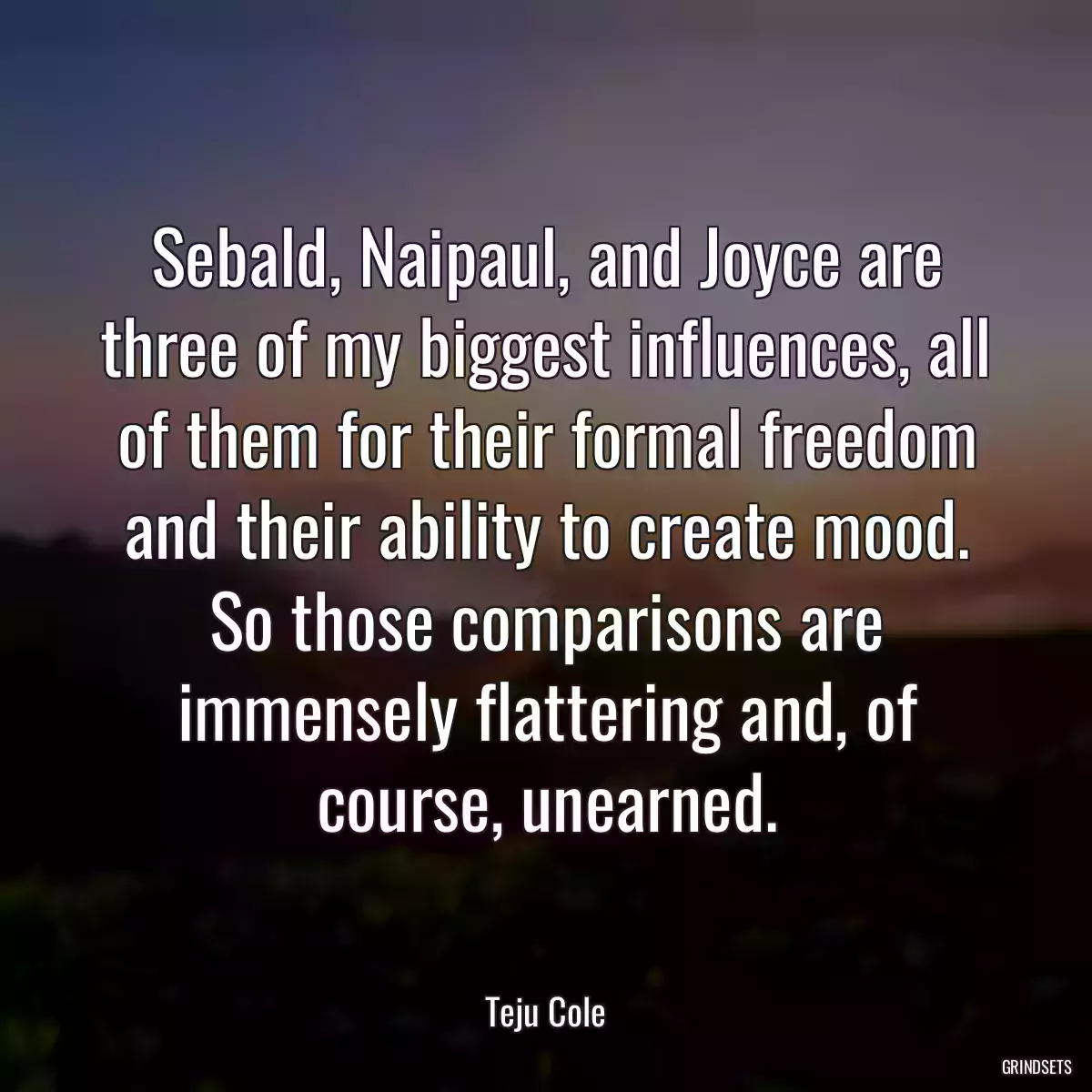 Sebald, Naipaul, and Joyce are three of my biggest influences, all of them for their formal freedom and their ability to create mood. So those comparisons are immensely flattering and, of course, unearned.