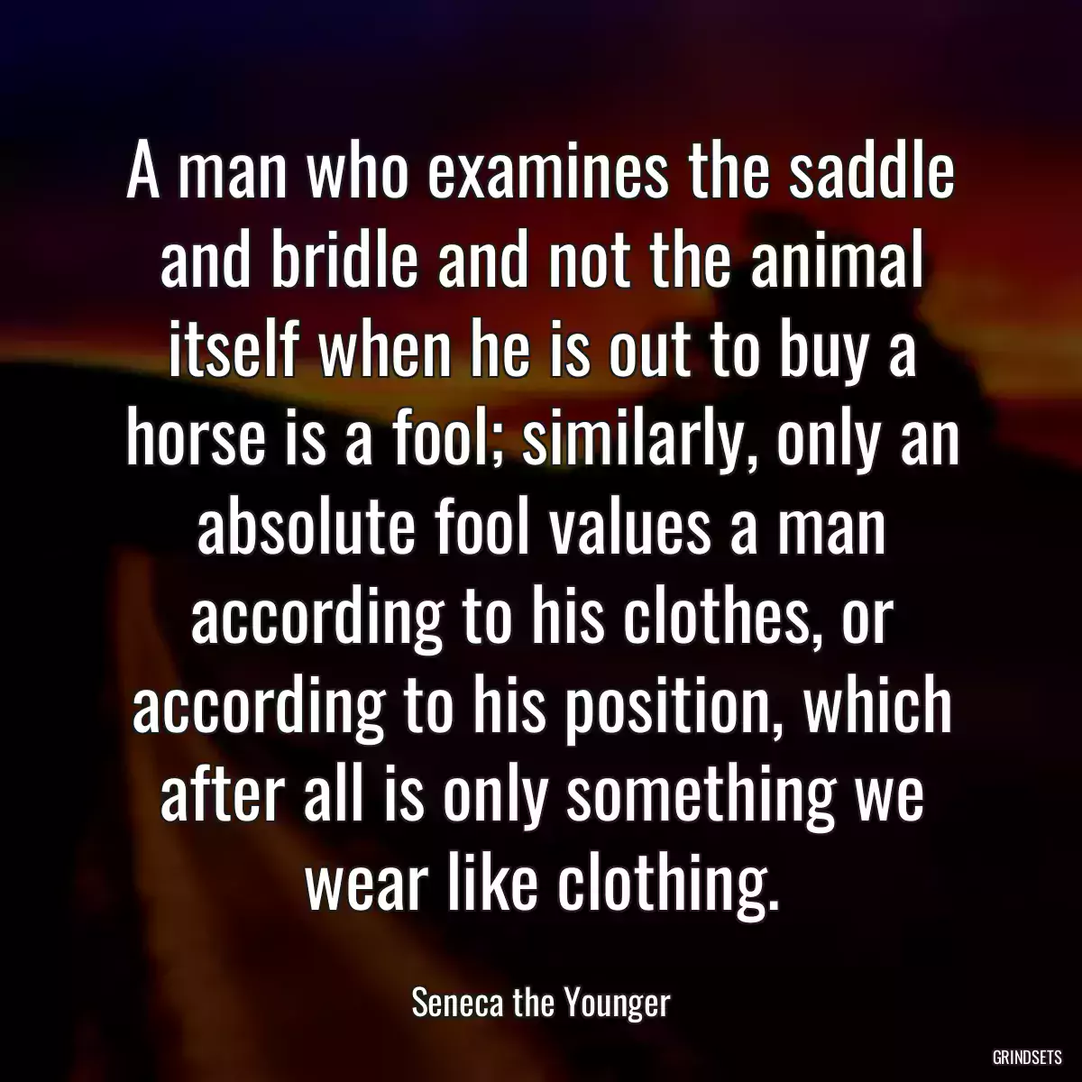 A man who examines the saddle and bridle and not the animal itself when he is out to buy a horse is a fool; similarly, only an absolute fool values a man according to his clothes, or according to his position, which after all is only something we wear like clothing.