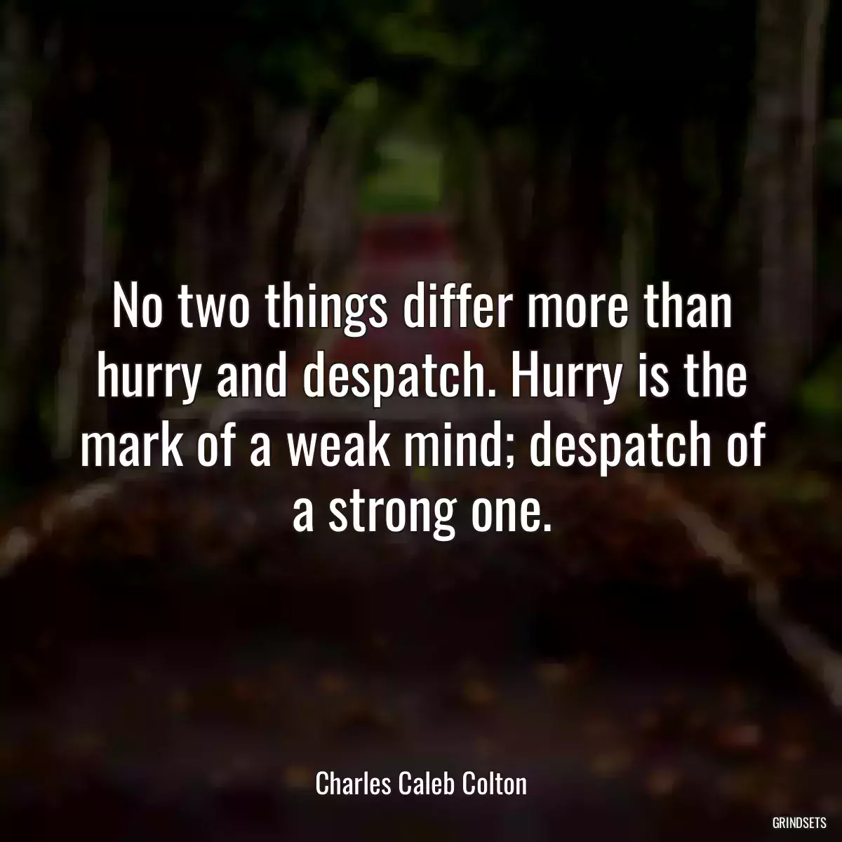 No two things differ more than hurry and despatch. Hurry is the mark of a weak mind; despatch of a strong one.