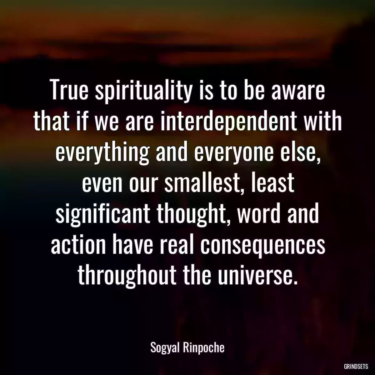 True spirituality is to be aware that if we are interdependent with everything and everyone else, even our smallest, least significant thought, word and action have real consequences throughout the universe.