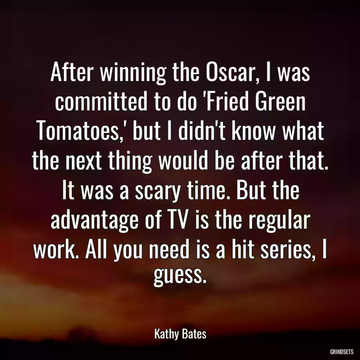 After winning the Oscar, I was committed to do \'Fried Green Tomatoes,\' but I didn\'t know what the next thing would be after that. It was a scary time. But the advantage of TV is the regular work. All you need is a hit series, I guess.