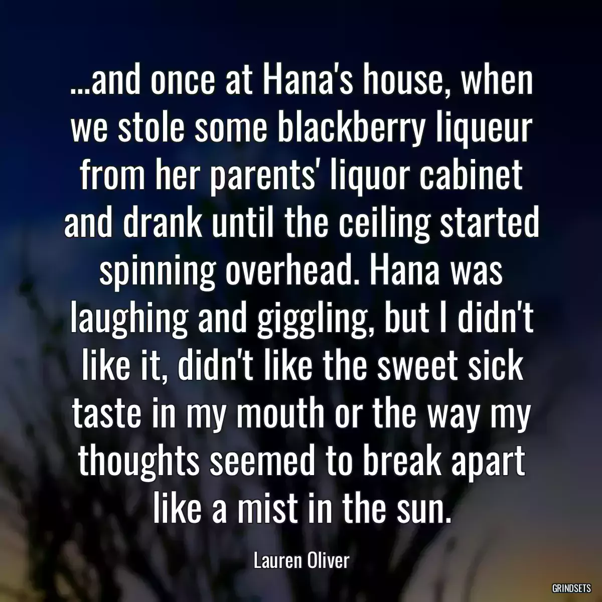 ...and once at Hana\'s house, when we stole some blackberry liqueur from her parents\' liquor cabinet and drank until the ceiling started spinning overhead. Hana was laughing and giggling, but I didn\'t like it, didn\'t like the sweet sick taste in my mouth or the way my thoughts seemed to break apart like a mist in the sun.