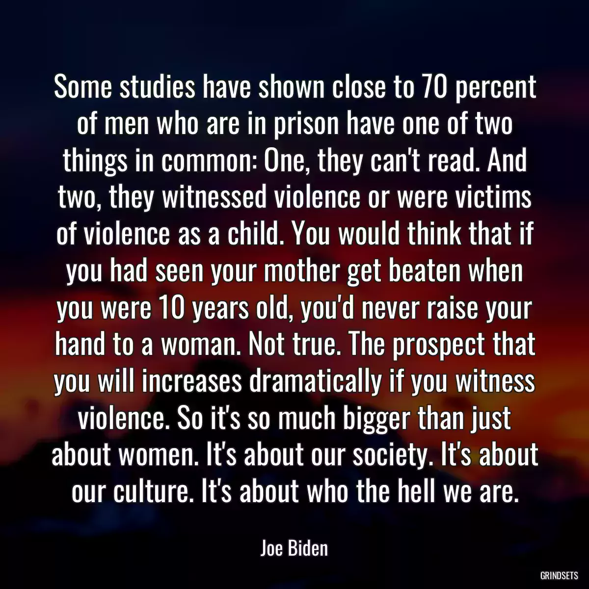 Some studies have shown close to 70 percent of men who are in prison have one of two things in common: One, they can\'t read. And two, they witnessed violence or were victims of violence as a child. You would think that if you had seen your mother get beaten when you were 10 years old, you\'d never raise your hand to a woman. Not true. The prospect that you will increases dramatically if you witness violence. So it\'s so much bigger than just about women. It\'s about our society. It\'s about our culture. It\'s about who the hell we are.