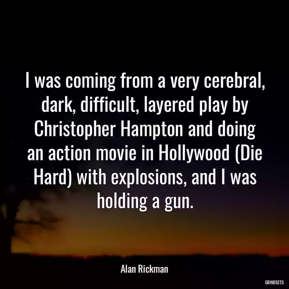 I was coming from a very cerebral, dark, difficult, layered play by Christopher Hampton and doing an action movie in Hollywood (Die Hard) with explosions, and I was holding a gun.