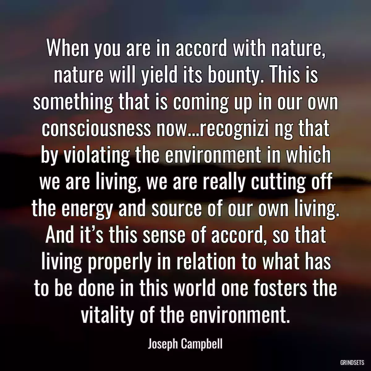 When you are in accord with nature, nature will yield its bounty. This is something that is coming up in our own consciousness now...recognizi ng that by violating the environment in which we are living, we are really cutting off the energy and source of our own living. And it’s this sense of accord, so that living properly in relation to what has to be done in this world one fosters the vitality of the environment.