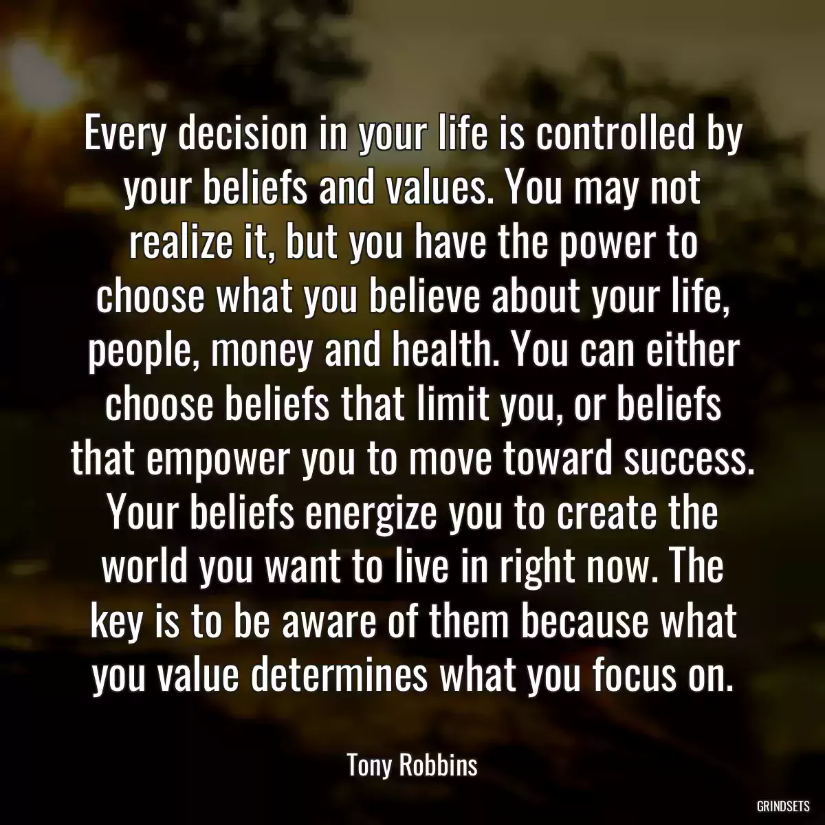 Every decision in your life is controlled by your beliefs and values. You may not realize it, but you have the power to choose what you believe about your life, people, money and health. You can either choose beliefs that limit you, or beliefs that empower you to move toward success. Your beliefs energize you to create the world you want to live in right now. The key is to be aware of them because what you value determines what you focus on.