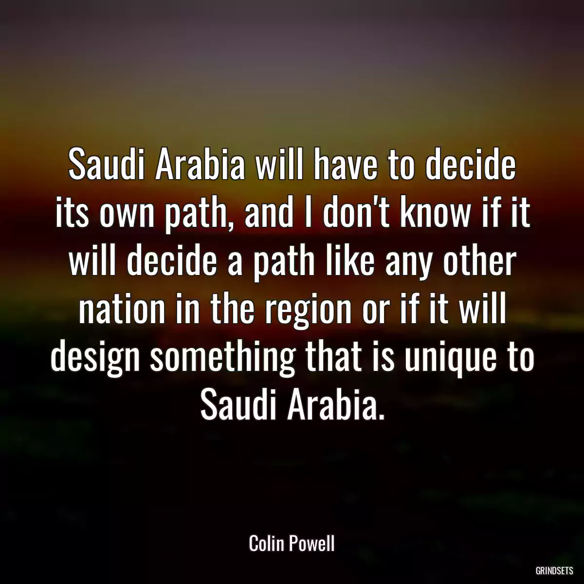 Saudi Arabia will have to decide its own path, and I don\'t know if it will decide a path like any other nation in the region or if it will design something that is unique to Saudi Arabia.