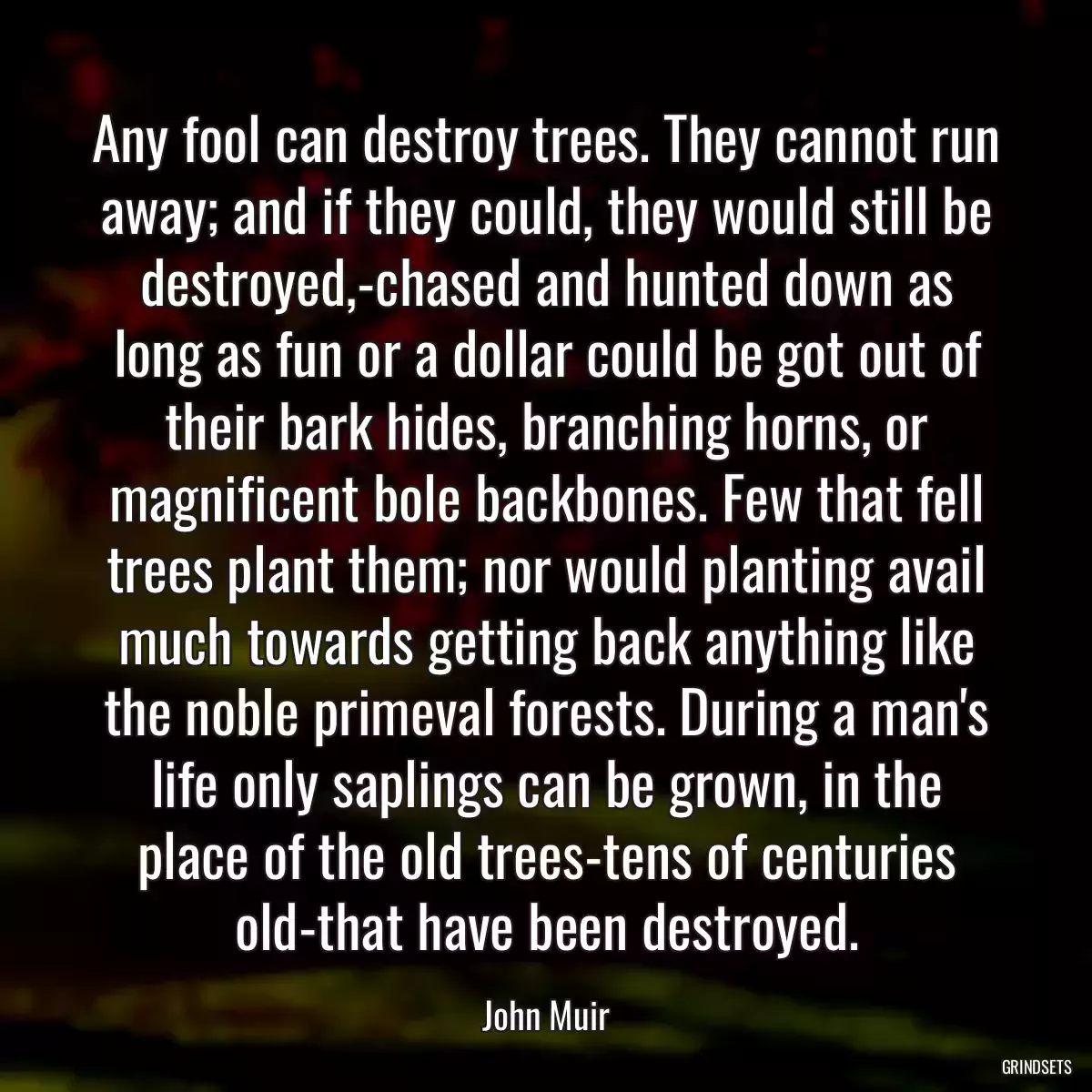 Any fool can destroy trees. They cannot run away; and if they could, they would still be destroyed,-chased and hunted down as long as fun or a dollar could be got out of their bark hides, branching horns, or magnificent bole backbones. Few that fell trees plant them; nor would planting avail much towards getting back anything like the noble primeval forests. During a man\'s life only saplings can be grown, in the place of the old trees-tens of centuries old-that have been destroyed.