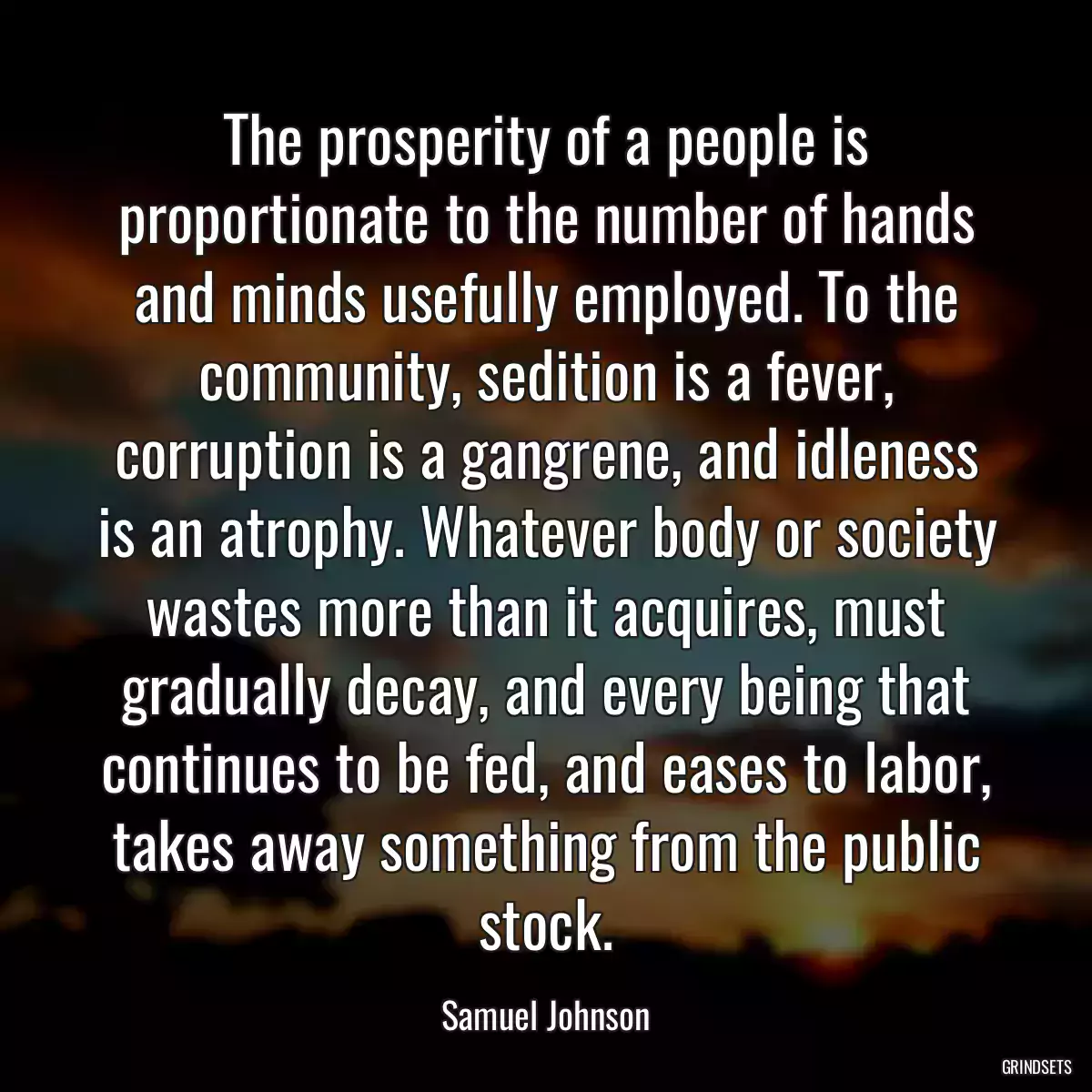 The prosperity of a people is proportionate to the number of hands and minds usefully employed. To the community, sedition is a fever, corruption is a gangrene, and idleness is an atrophy. Whatever body or society wastes more than it acquires, must gradually decay, and every being that continues to be fed, and eases to labor, takes away something from the public stock.