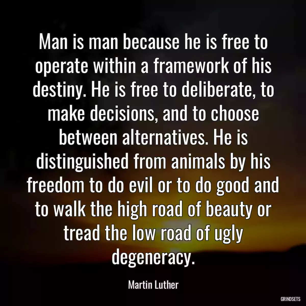 Man is man because he is free to operate within a framework of his destiny. He is free to deliberate, to make decisions, and to choose between alternatives. He is distinguished from animals by his freedom to do evil or to do good and to walk the high road of beauty or tread the low road of ugly degeneracy.