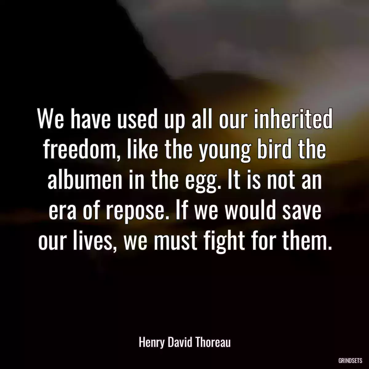 We have used up all our inherited freedom, like the young bird the albumen in the egg. It is not an era of repose. If we would save our lives, we must fight for them.