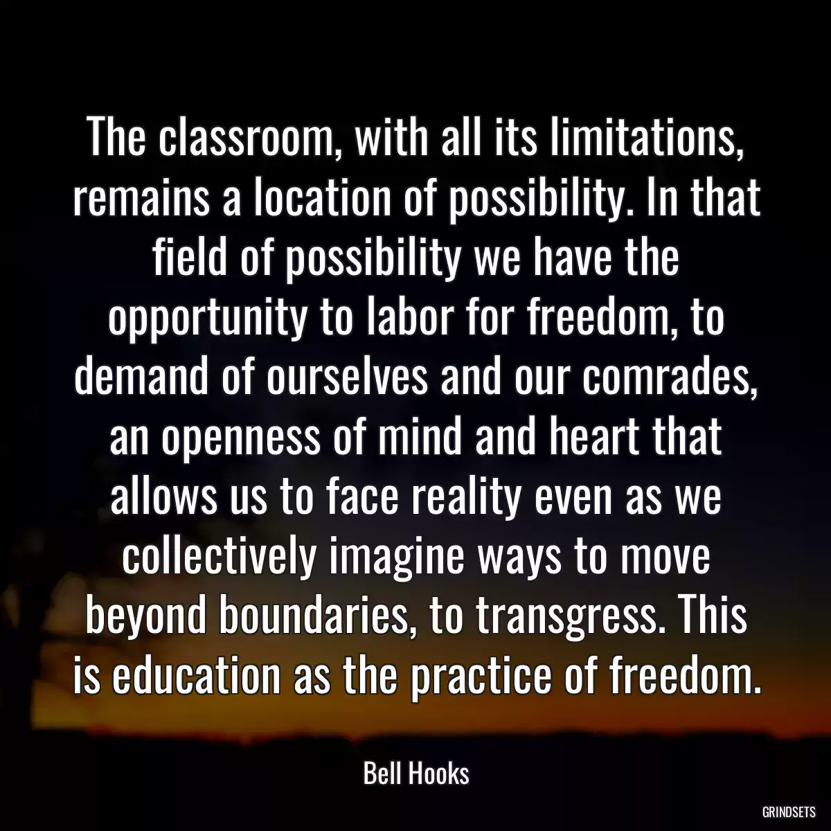 The classroom, with all its limitations, remains a location of possibility. In that field of possibility we have the opportunity to labor for freedom, to demand of ourselves and our comrades, an openness of mind and heart that allows us to face reality even as we collectively imagine ways to move beyond boundaries, to transgress. This is education as the practice of freedom.