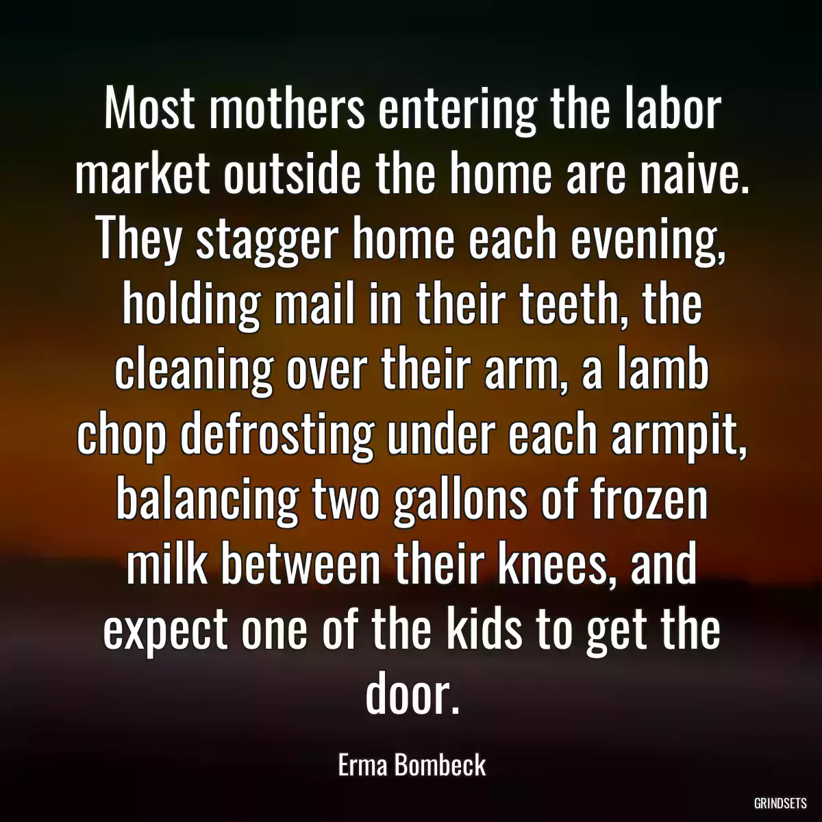 Most mothers entering the labor market outside the home are naive. They stagger home each evening, holding mail in their teeth, the cleaning over their arm, a lamb chop defrosting under each armpit, balancing two gallons of frozen milk between their knees, and expect one of the kids to get the door.