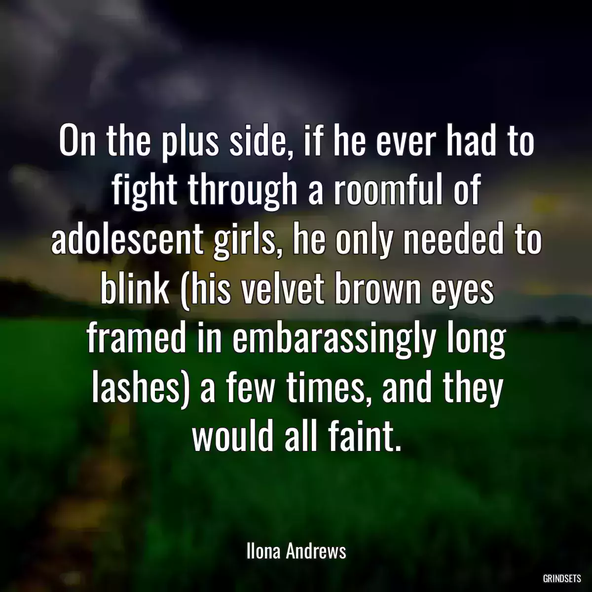 On the plus side, if he ever had to fight through a roomful of adolescent girls, he only needed to blink (his velvet brown eyes framed in embarassingly long lashes) a few times, and they would all faint.