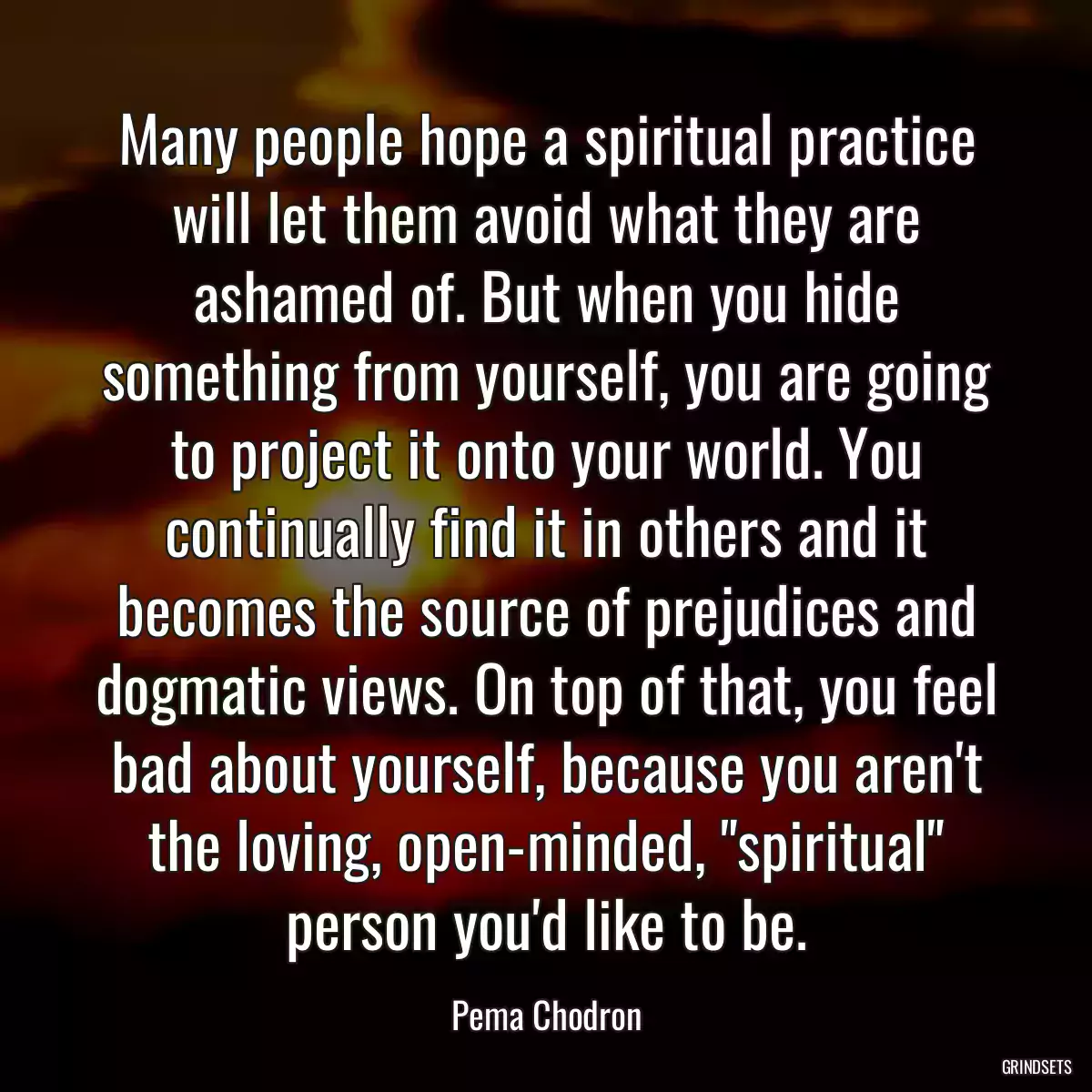 Many people hope a spiritual practice will let them avoid what they are ashamed of. But when you hide something from yourself, you are going to project it onto your world. You continually find it in others and it becomes the source of prejudices and dogmatic views. On top of that, you feel bad about yourself, because you aren\'t the loving, open-minded, \