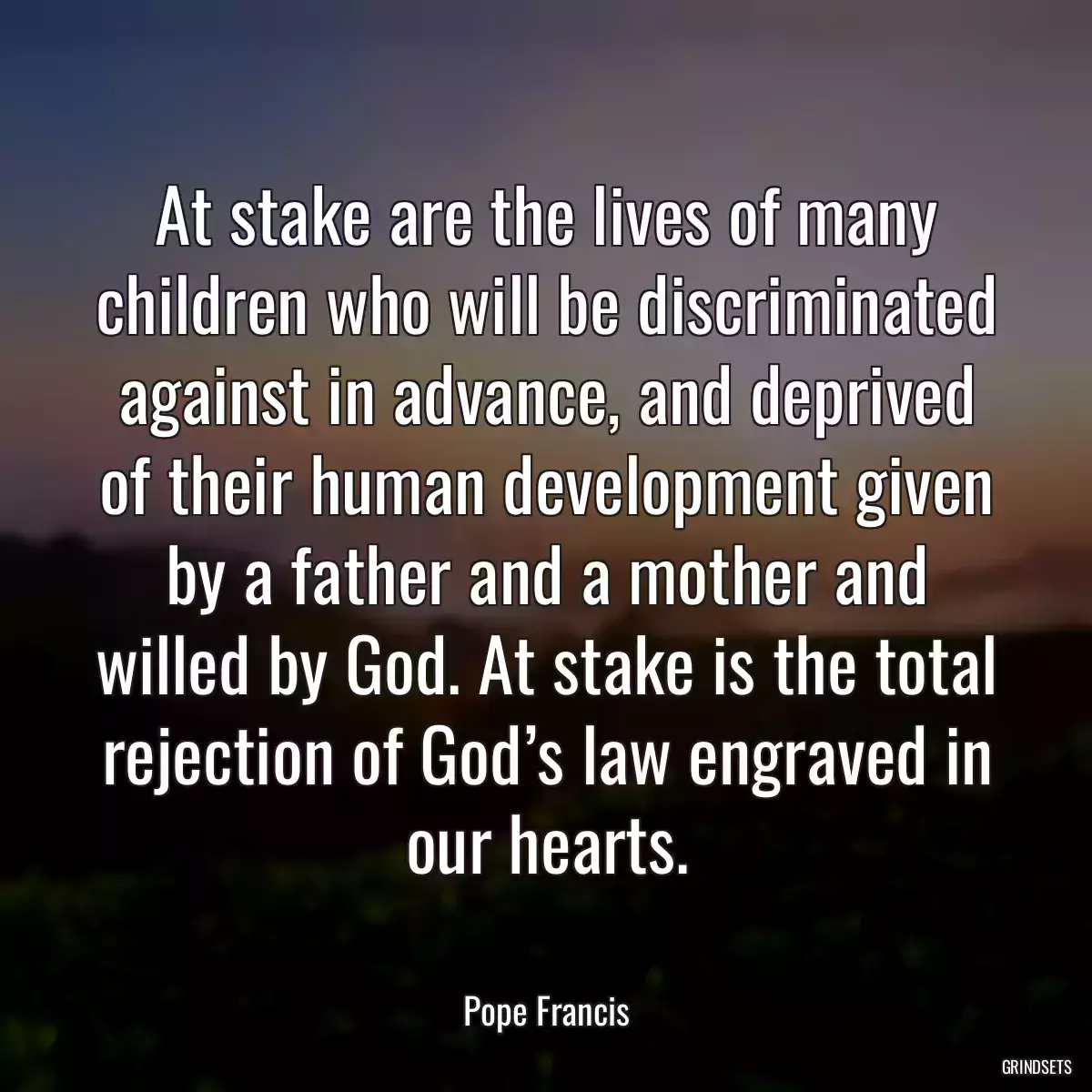 At stake are the lives of many children who will be discriminated against in advance, and deprived of their human development given by a father and a mother and willed by God. At stake is the total rejection of God’s law engraved in our hearts.