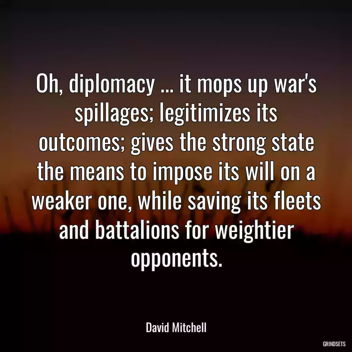 Oh, diplomacy ... it mops up war\'s spillages; legitimizes its outcomes; gives the strong state the means to impose its will on a weaker one, while saving its fleets and battalions for weightier opponents.