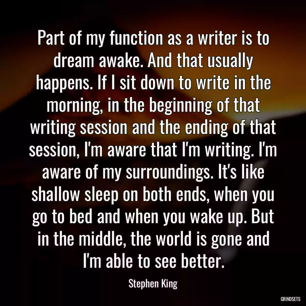 Part of my function as a writer is to dream awake. And that usually happens. If I sit down to write in the morning, in the beginning of that writing session and the ending of that session, I\'m aware that I\'m writing. I\'m aware of my surroundings. It\'s like shallow sleep on both ends, when you go to bed and when you wake up. But in the middle, the world is gone and I\'m able to see better.