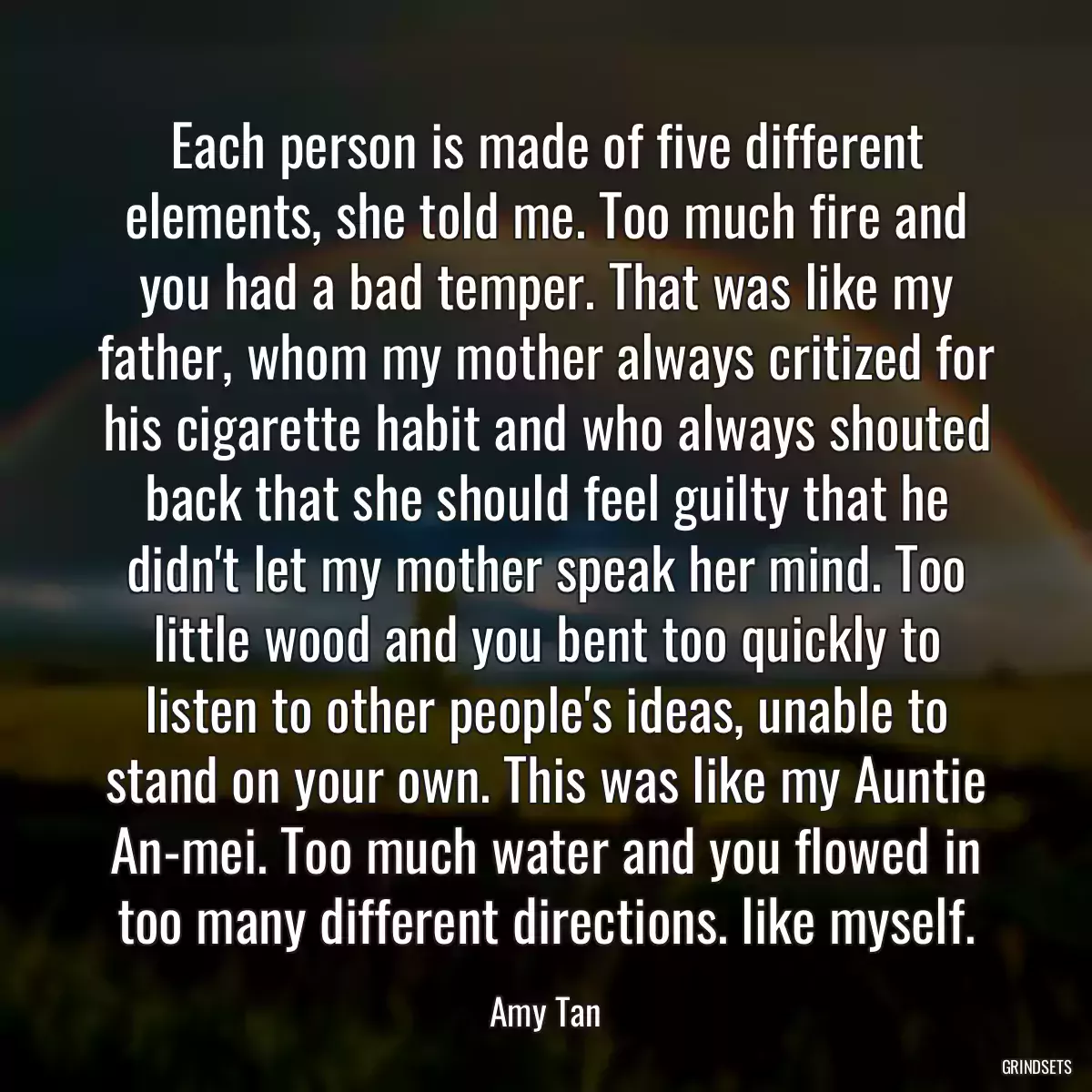 Each person is made of five different elements, she told me. Too much fire and you had a bad temper. That was like my father, whom my mother always critized for his cigarette habit and who always shouted back that she should feel guilty that he didn\'t let my mother speak her mind. Too little wood and you bent too quickly to listen to other people\'s ideas, unable to stand on your own. This was like my Auntie An-mei. Too much water and you flowed in too many different directions. like myself.