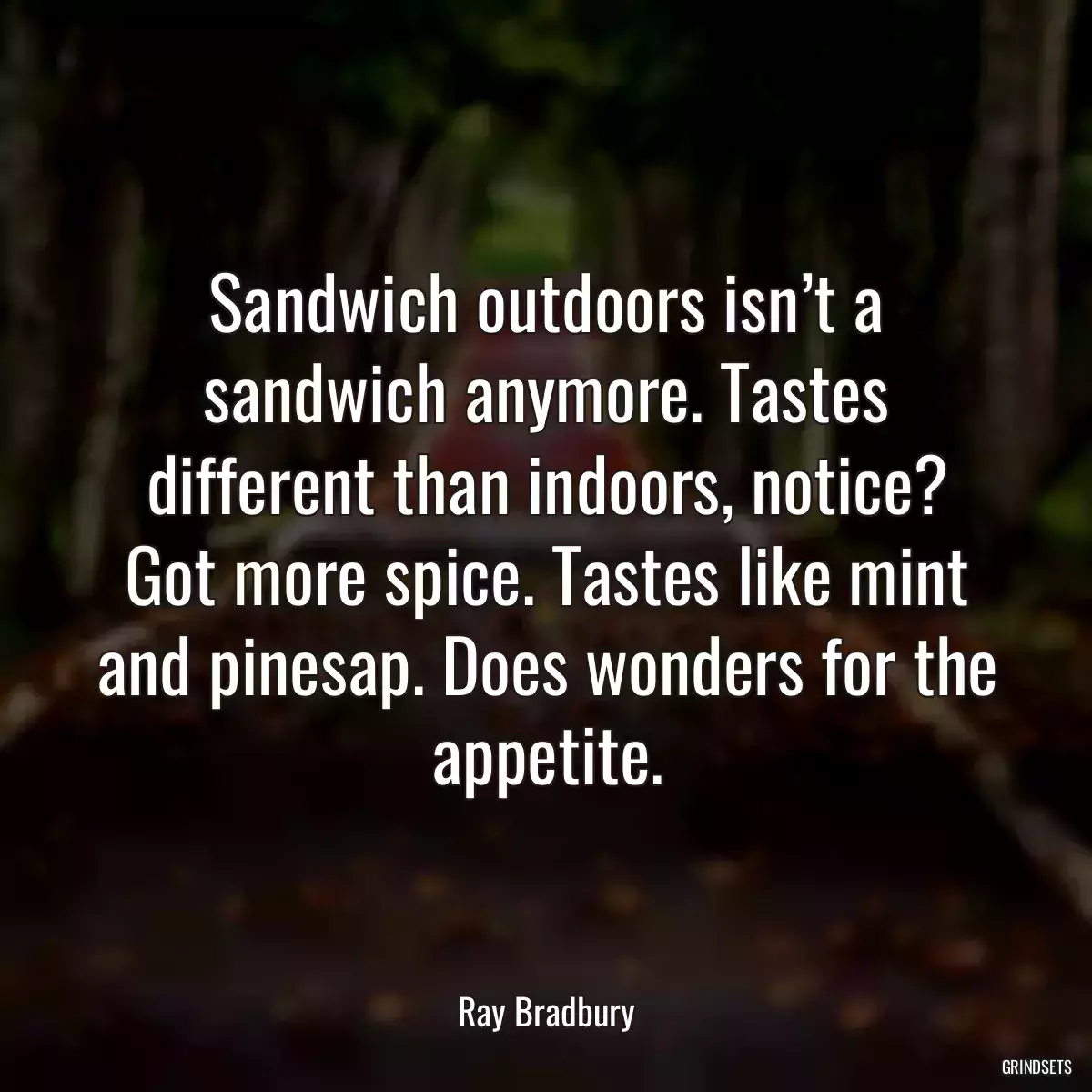 Sandwich outdoors isn’t a sandwich anymore. Tastes different than indoors, notice? Got more spice. Tastes like mint and pinesap. Does wonders for the appetite.