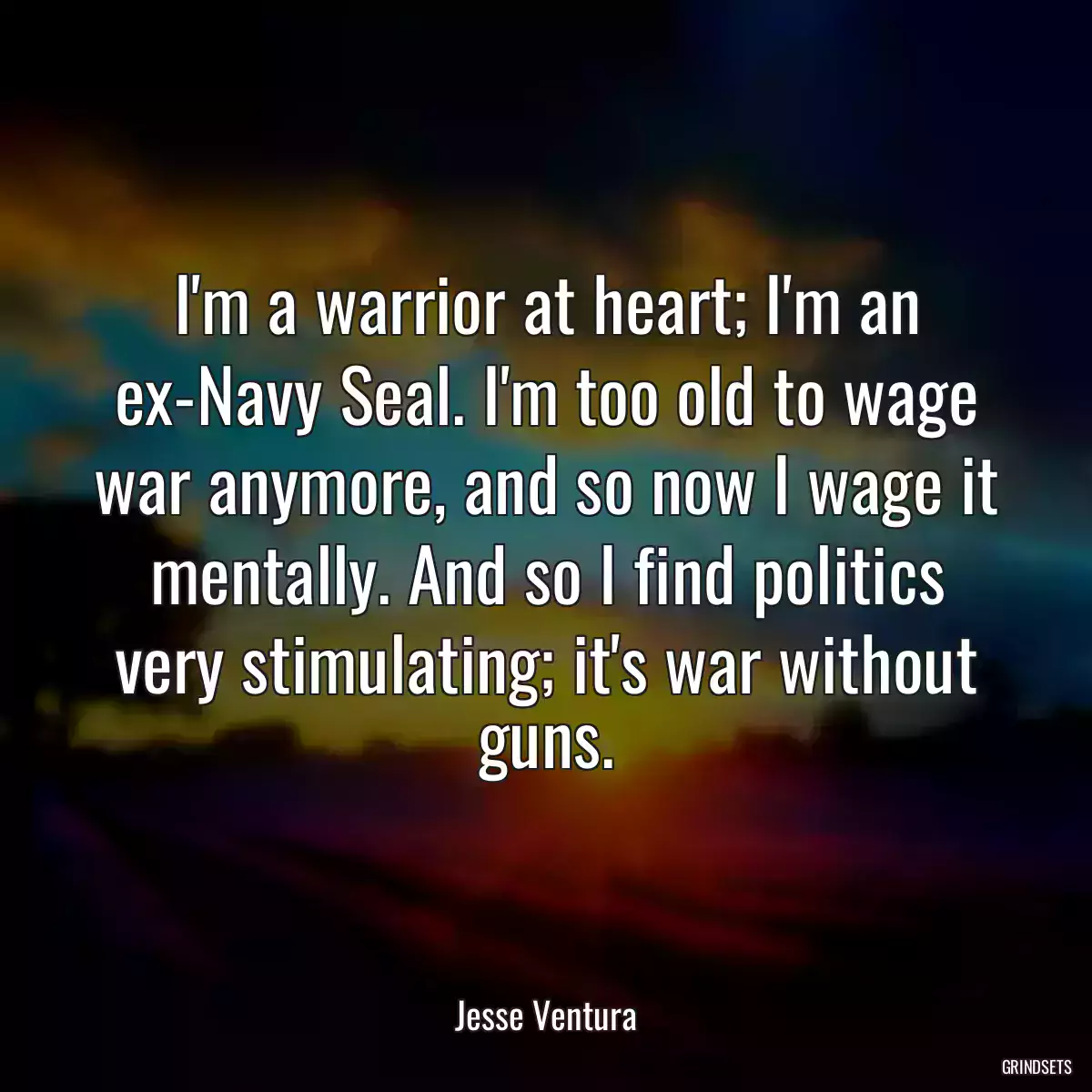 I\'m a warrior at heart; I\'m an ex-Navy Seal. I\'m too old to wage war anymore, and so now I wage it mentally. And so I find politics very stimulating; it\'s war without guns.