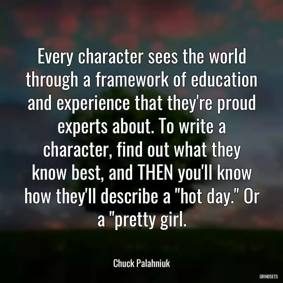 Every character sees the world through a framework of education and experience that they\'re proud experts about. To write a character, find out what they know best, and THEN you\'ll know how they\'ll describe a \