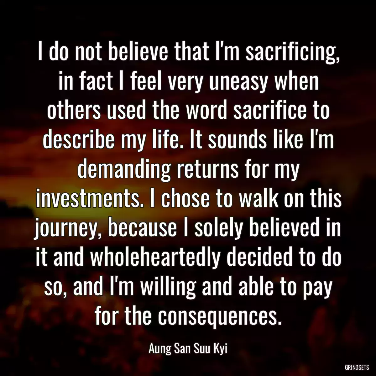 I do not believe that I\'m sacrificing, in fact I feel very uneasy when others used the word sacrifice to describe my life. It sounds like I\'m demanding returns for my investments. I chose to walk on this journey, because I solely believed in it and wholeheartedly decided to do so, and I\'m willing and able to pay for the consequences.