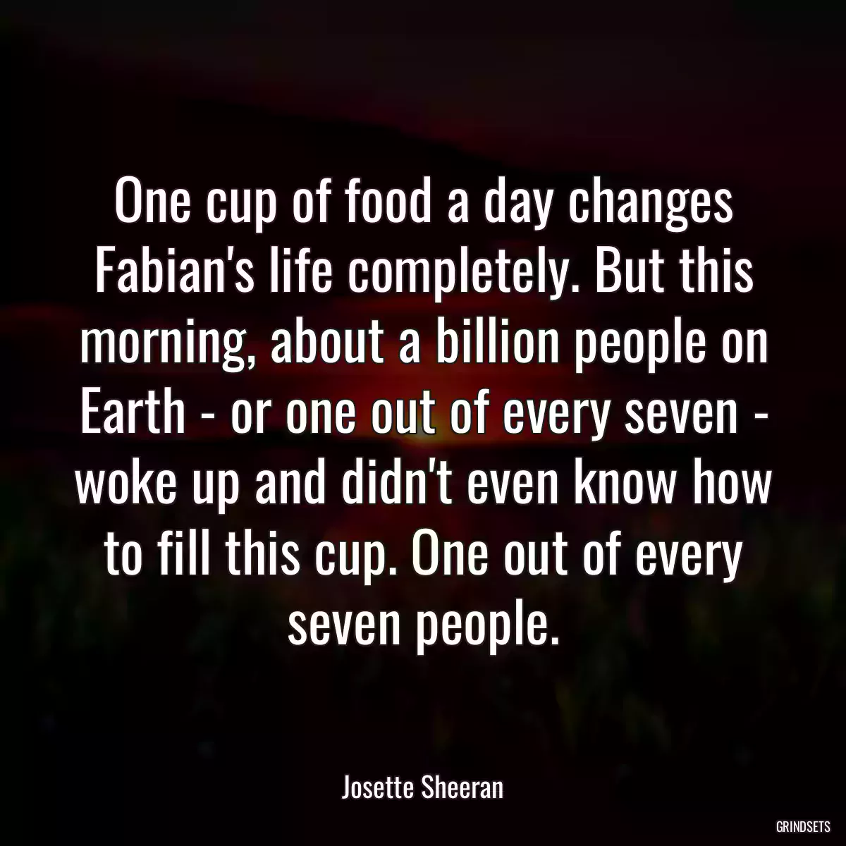 One cup of food a day changes Fabian\'s life completely. But this morning, about a billion people on Earth - or one out of every seven - woke up and didn\'t even know how to fill this cup. One out of every seven people.