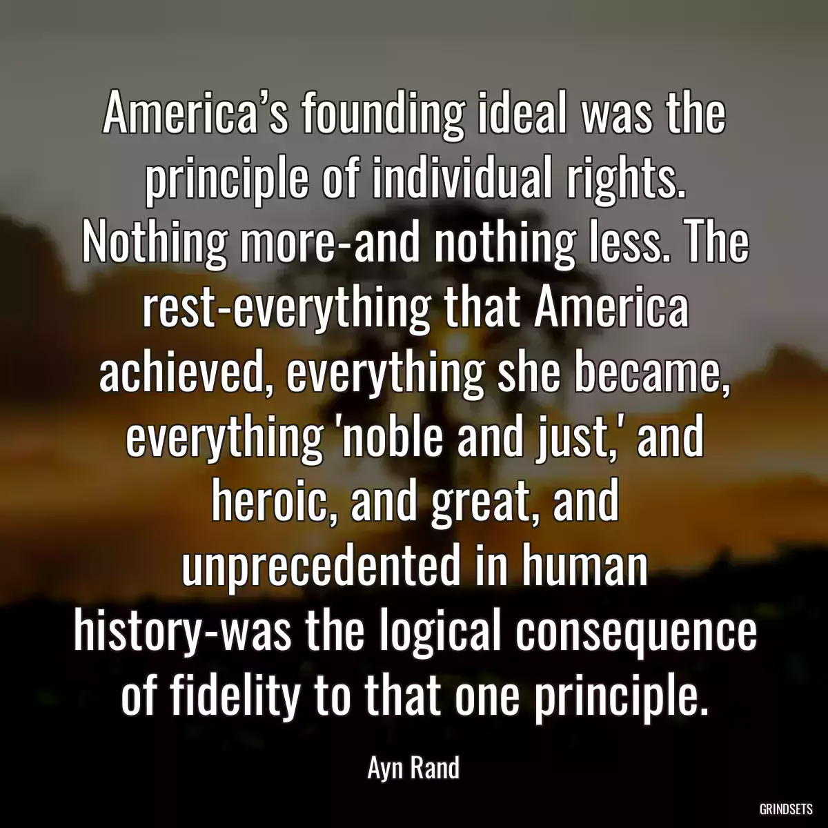 America’s founding ideal was the principle of individual rights. Nothing more-and nothing less. The rest-everything that America achieved, everything she became, everything \'noble and just,\' and heroic, and great, and unprecedented in human history-was the logical consequence of fidelity to that one principle.