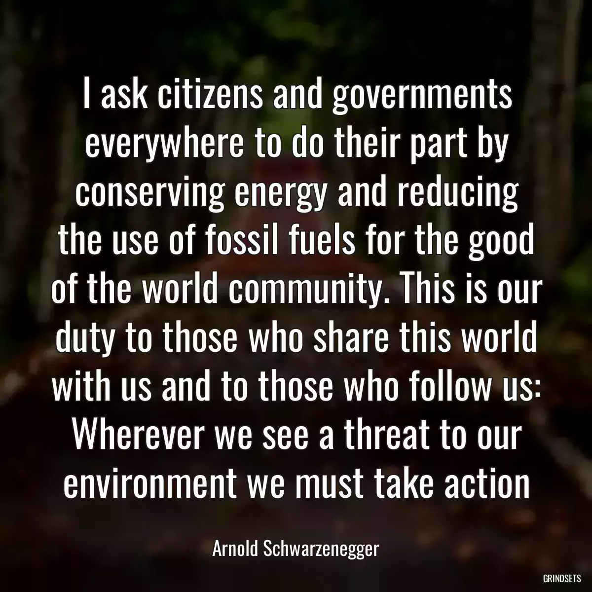 I ask citizens and governments everywhere to do their part by conserving energy and reducing the use of fossil fuels for the good of the world community. This is our duty to those who share this world with us and to those who follow us: Wherever we see a threat to our environment we must take action