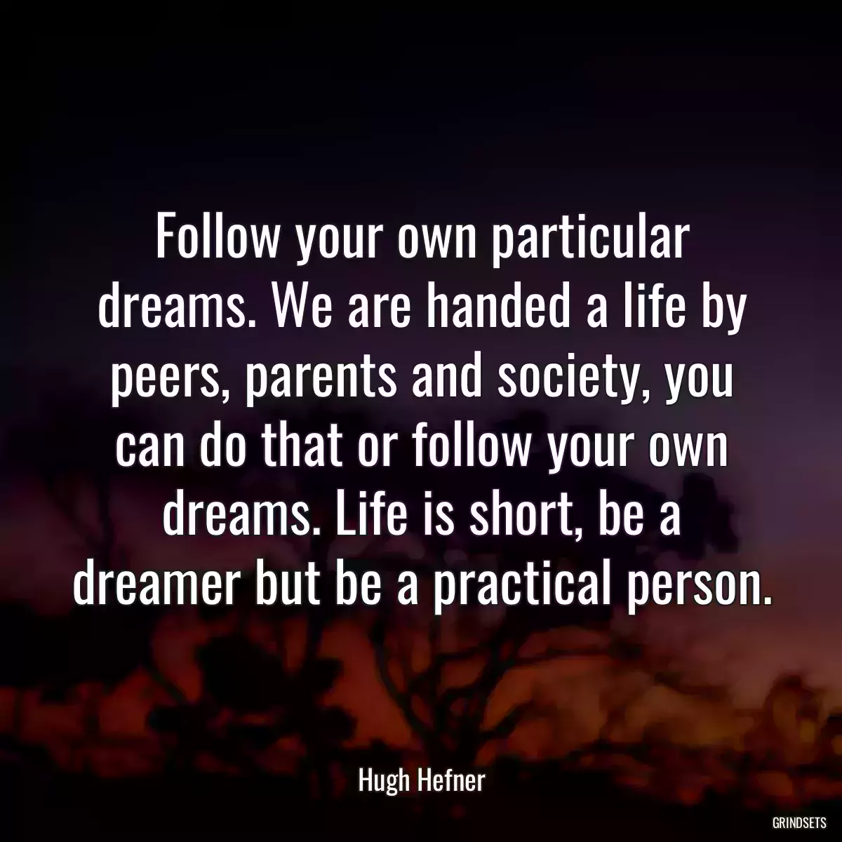 Follow your own particular dreams. We are handed a life by peers, parents and society, you can do that or follow your own dreams. Life is short, be a dreamer but be a practical person.