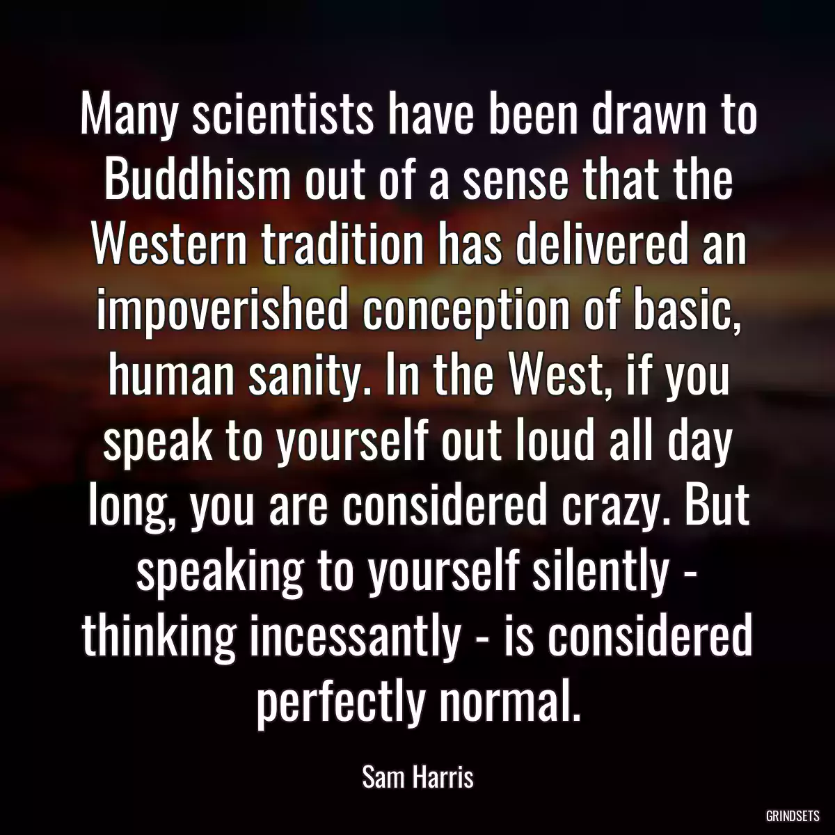 Many scientists have been drawn to Buddhism out of a sense that the Western tradition has delivered an impoverished conception of basic, human sanity. In the West, if you speak to yourself out loud all day long, you are considered crazy. But speaking to yourself silently - thinking incessantly - is considered perfectly normal.