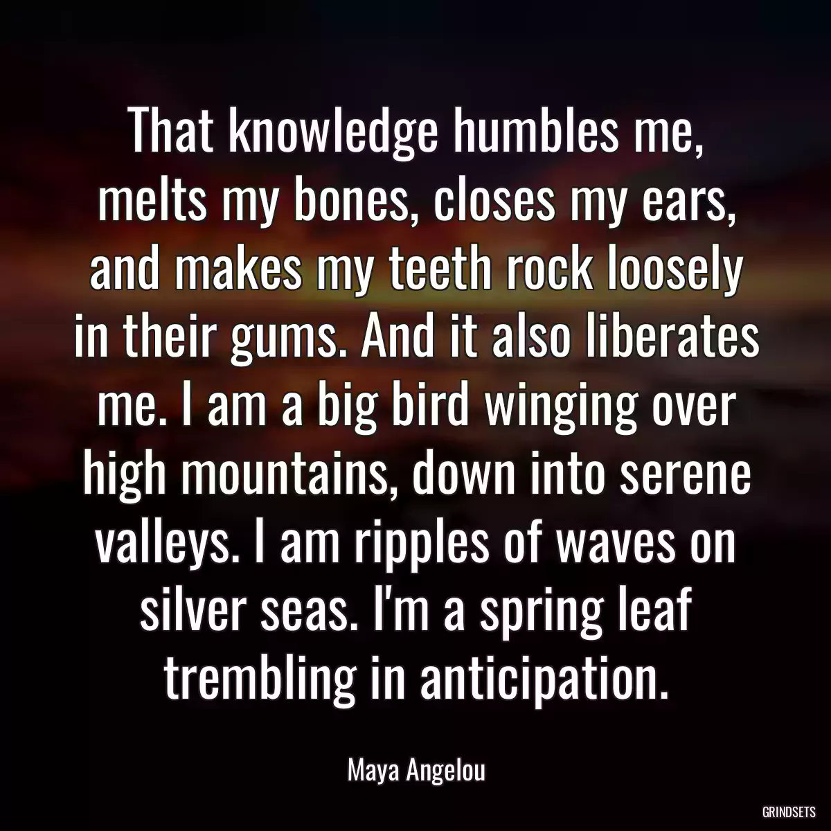 That knowledge humbles me, melts my bones, closes my ears, and makes my teeth rock loosely in their gums. And it also liberates me. I am a big bird winging over high mountains, down into serene valleys. I am ripples of waves on silver seas. I\'m a spring leaf trembling in anticipation.