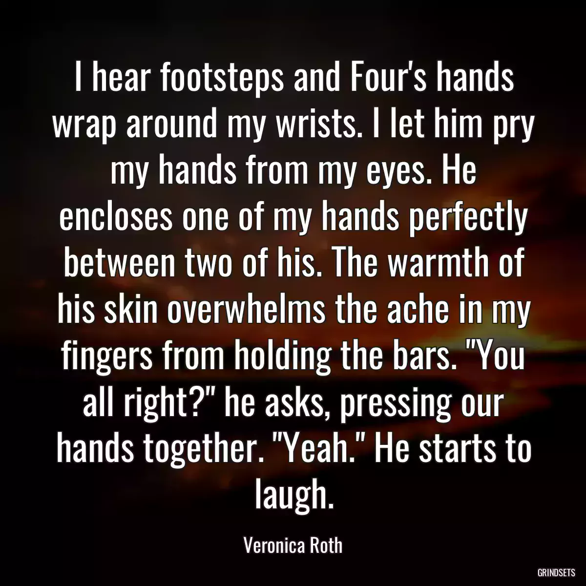 I hear footsteps and Four\'s hands wrap around my wrists. I let him pry my hands from my eyes. He encloses one of my hands perfectly between two of his. The warmth of his skin overwhelms the ache in my fingers from holding the bars. \