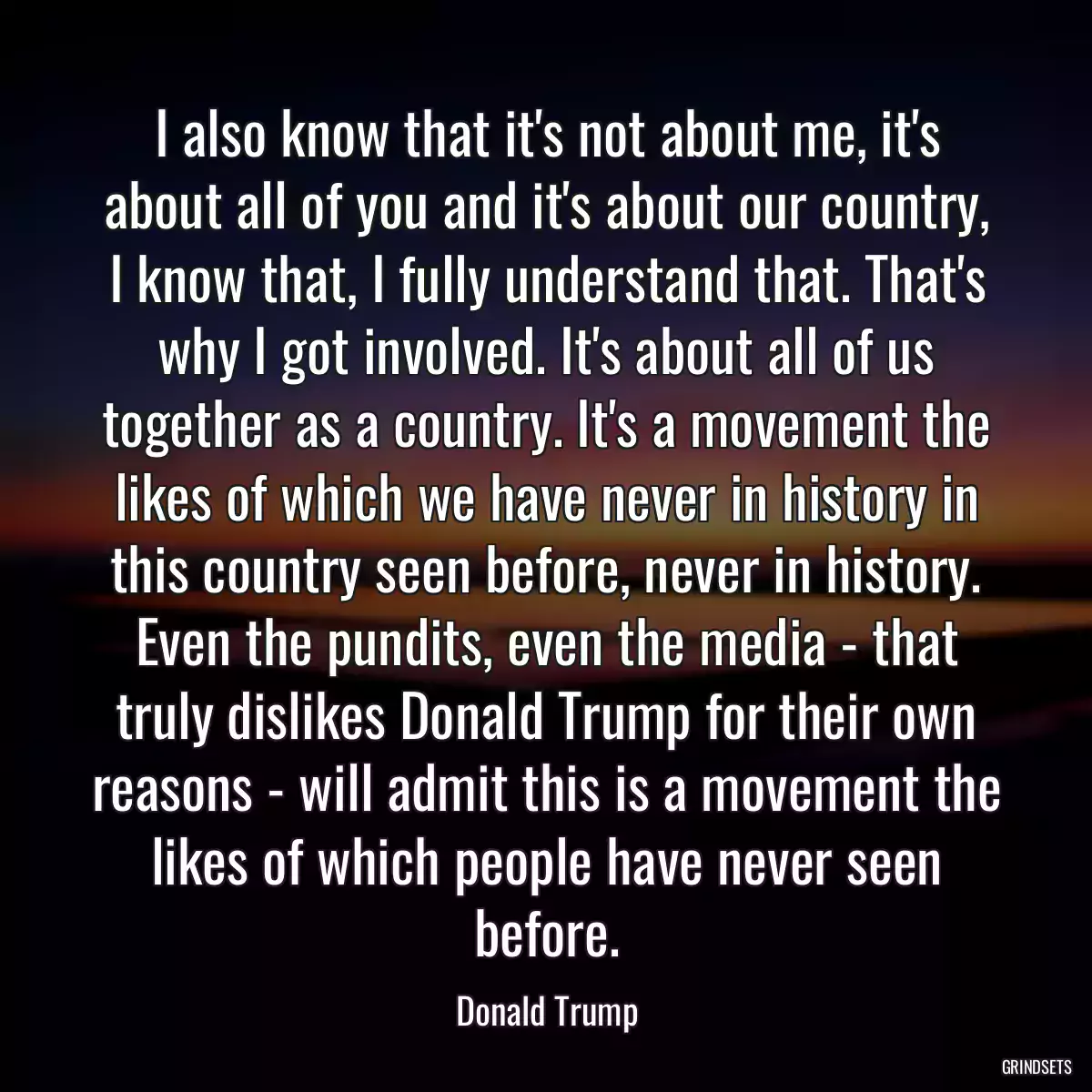 I also know that it\'s not about me, it\'s about all of you and it\'s about our country, I know that, I fully understand that. That\'s why I got involved. It\'s about all of us together as a country. It\'s a movement the likes of which we have never in history in this country seen before, never in history. Even the pundits, even the media - that truly dislikes Donald Trump for their own reasons - will admit this is a movement the likes of which people have never seen before.